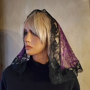 Veiled Woman Purple Black Lace D Shape Mantilla Chapel Veil Lent Catholic Modest